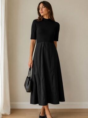 Zara Black Short-Sleeve Midi Dress